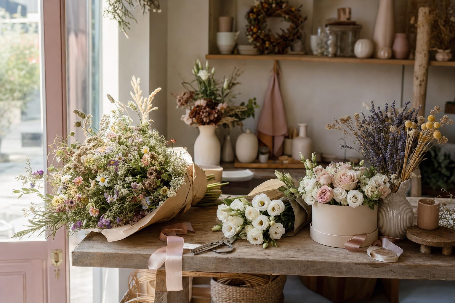 a florist's shop window at morning — several 2026-style bouquets on display: wildflower in kraft, mono-bouquet of lisianthus, arrangement in a hatbox, dried-flower piece; wooden workshop, warm light