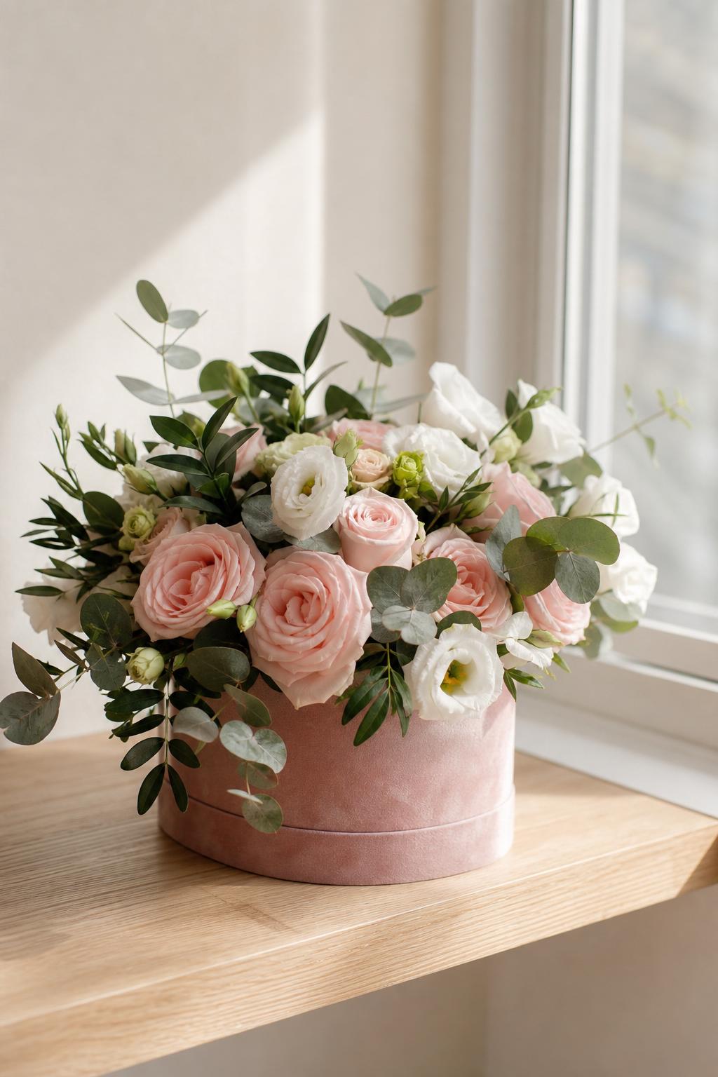 a round hatbox arrangement — roses, lisianthus and greenery in floral foam, on a wooden shelf by a window, minimalist studio