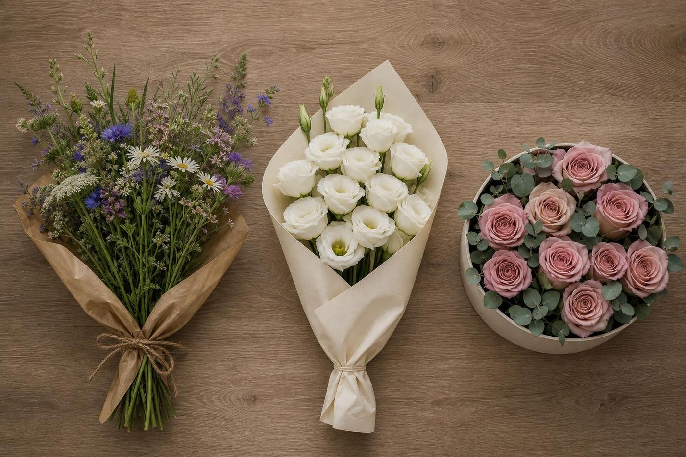 three 2026-trend arrangements side by side on a studio table — wildflower bouquet, lisianthus mono-bouquet, hatbox composition