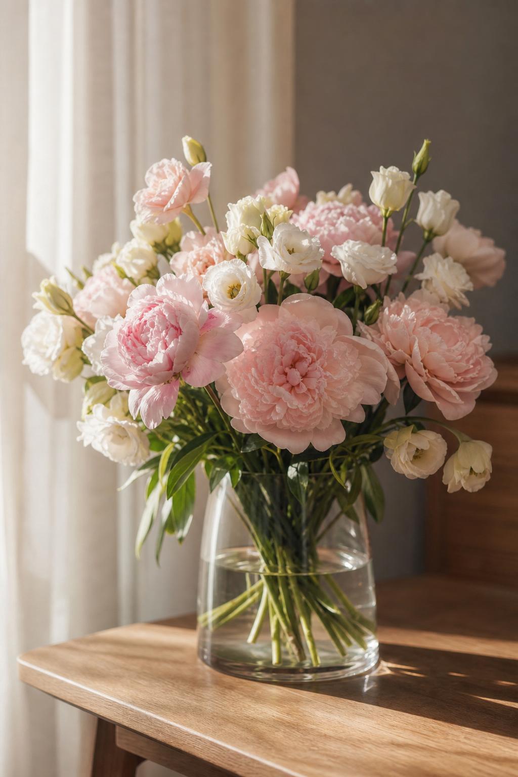 Bouquet of pink peonies and white lisianthus in a clear glass vase on a wooden table