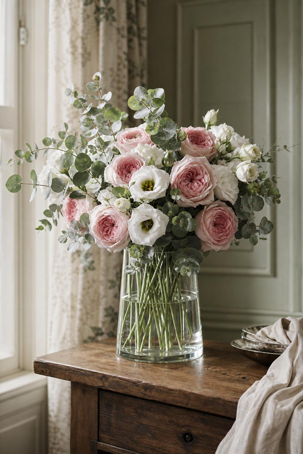 Bouquet on day seven of vase life — pink garden roses, lisianthus, eucalyptus in clean water