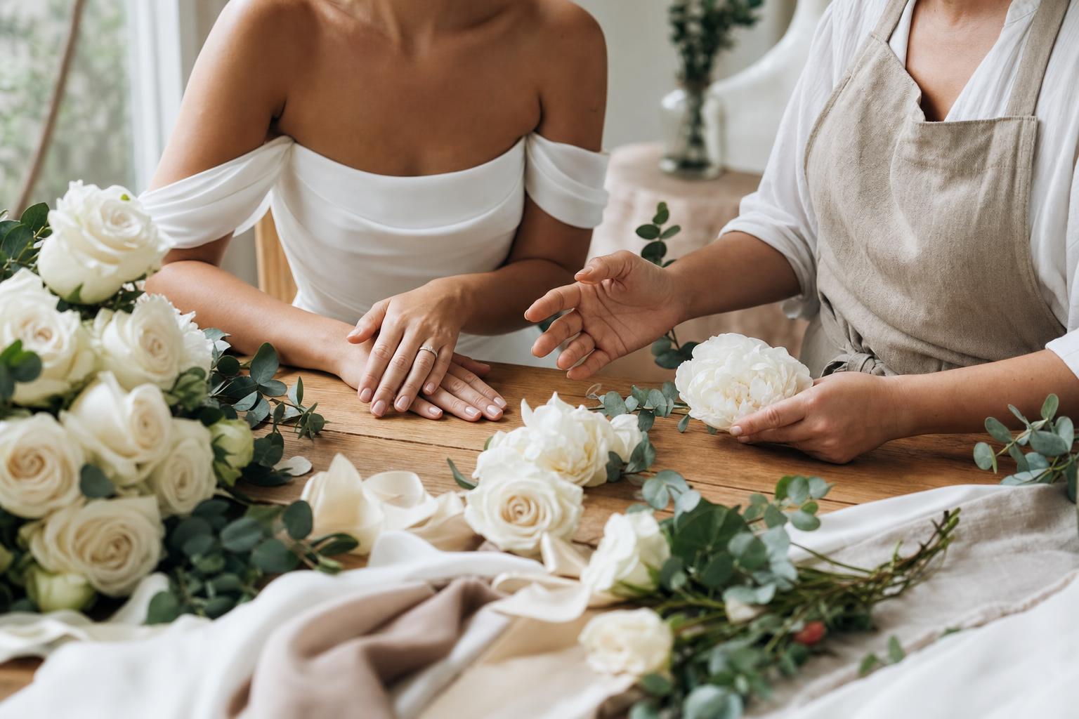 a bride and a florist sitting at a table with sample flowers laid out for a wedding bouquet consultation, discussing palette and varieties, lifestyle consultation