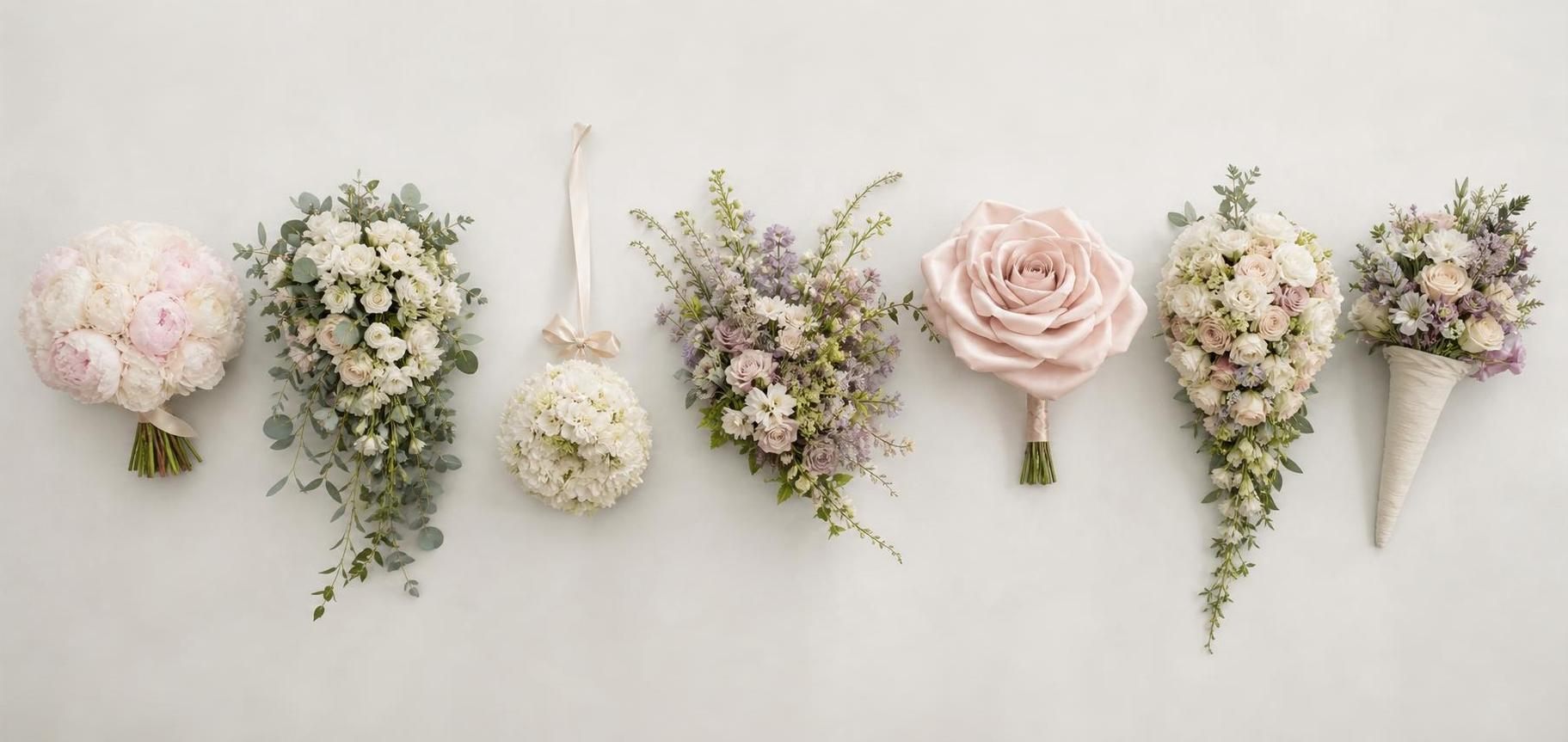 seven wedding bouquets of different shapes on a white workshop table — round, cascade, ball, asymmetric, glamelia, teardrop, holder-bouquet; soft morning light