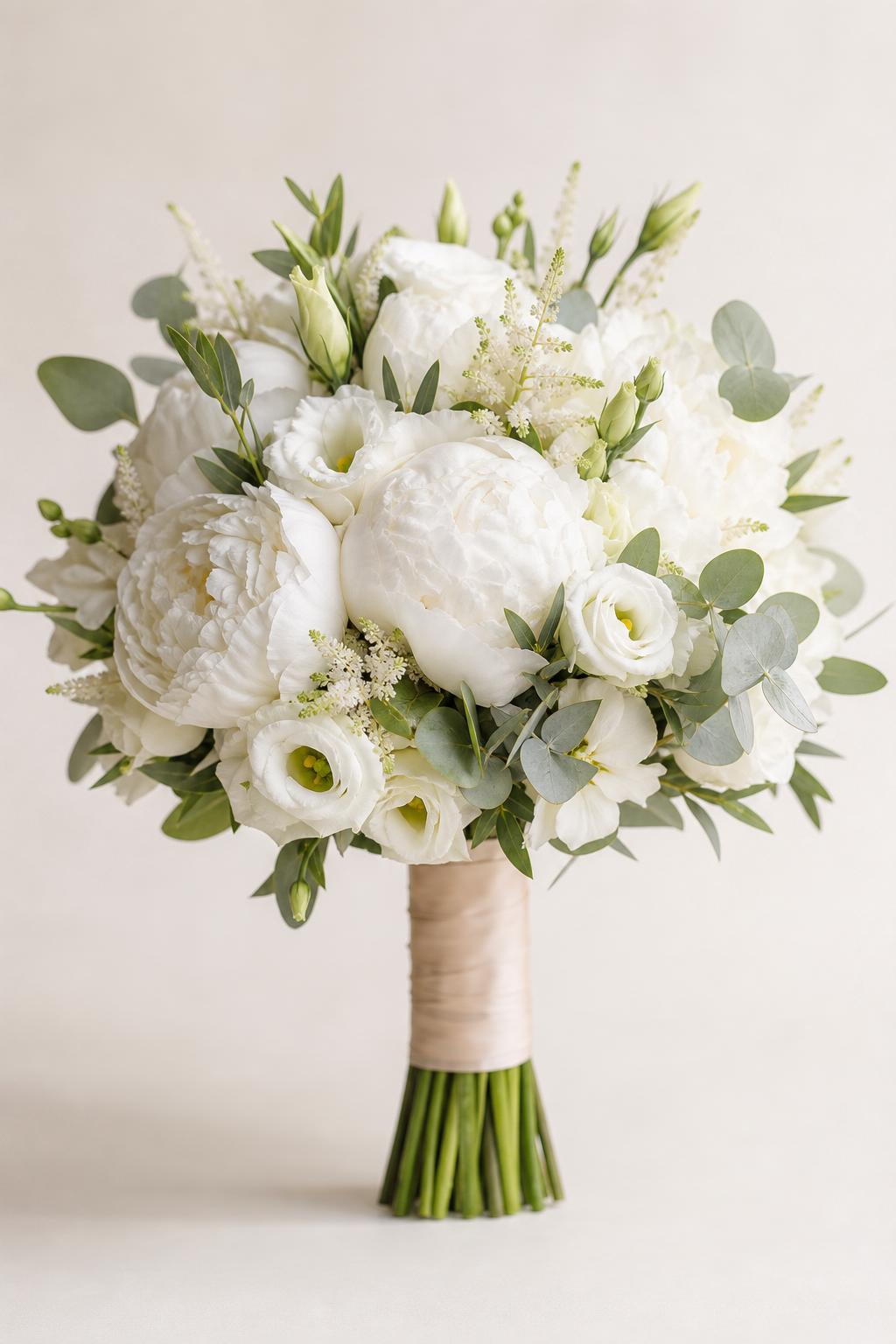 a round bridal bouquet of peonies, lisianthus and eucalyptus on a white background with a silk-ribbon handle, soft studio light