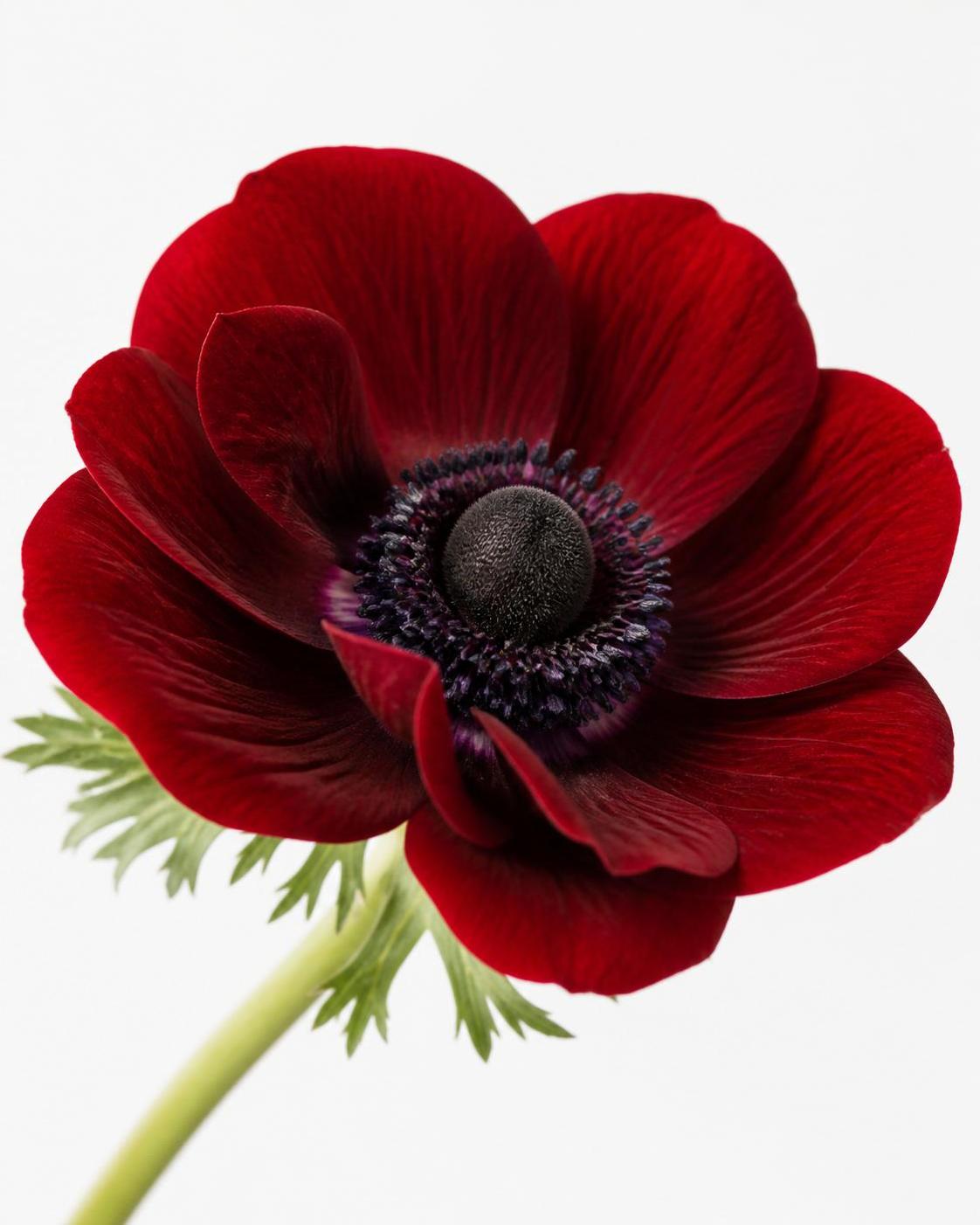 single deep red anemone with a dark black center, botanical macro on a matte white background