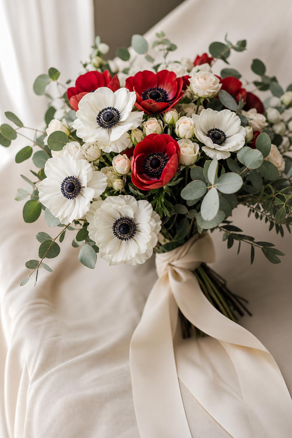 a bridal bouquet of white and red anemones with black centers, silver eucalyptus, in cream silk ribbon, editorial wedding photography