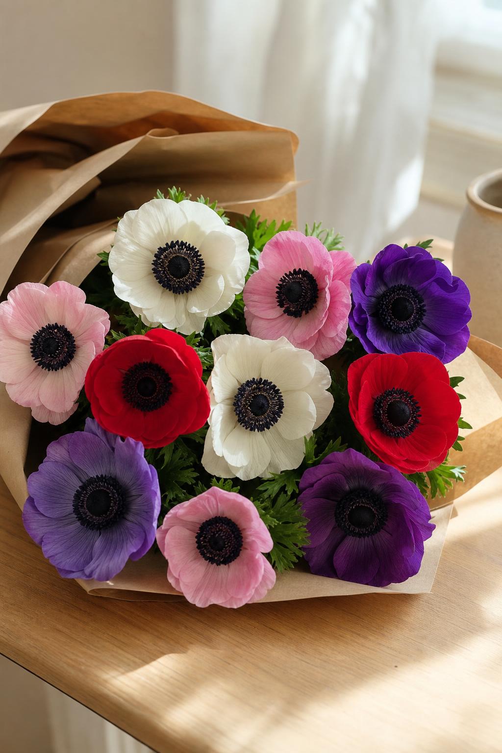 a mono-bouquet of 11 mixed-color anemones (white, red, pink, purple) in kraft paper on a wooden table