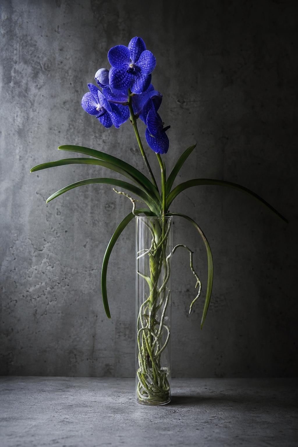 a blue Vanda orchid in a tall clear glass tube with visible aerial roots, editorial minimalist studio, cool cool light