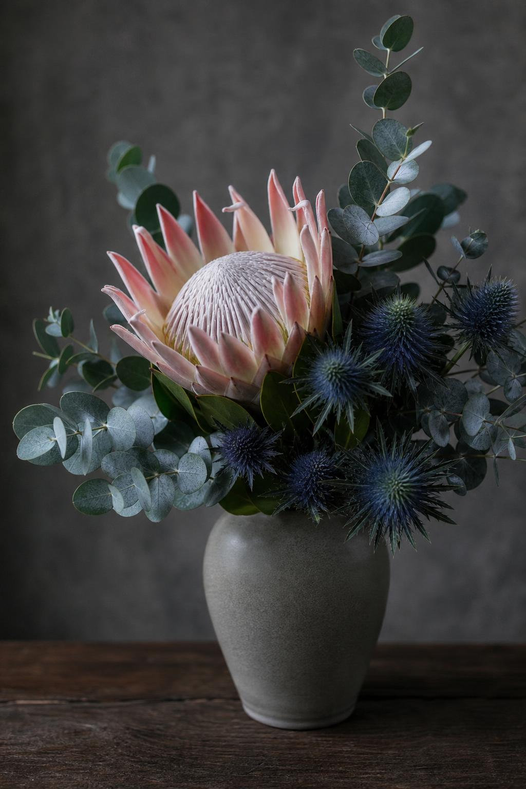 an editorial composition with King Protea, Baby Blue eucalyptus and blue eryngium in a matte grey ceramic vase on a dark wooden table, cool side light