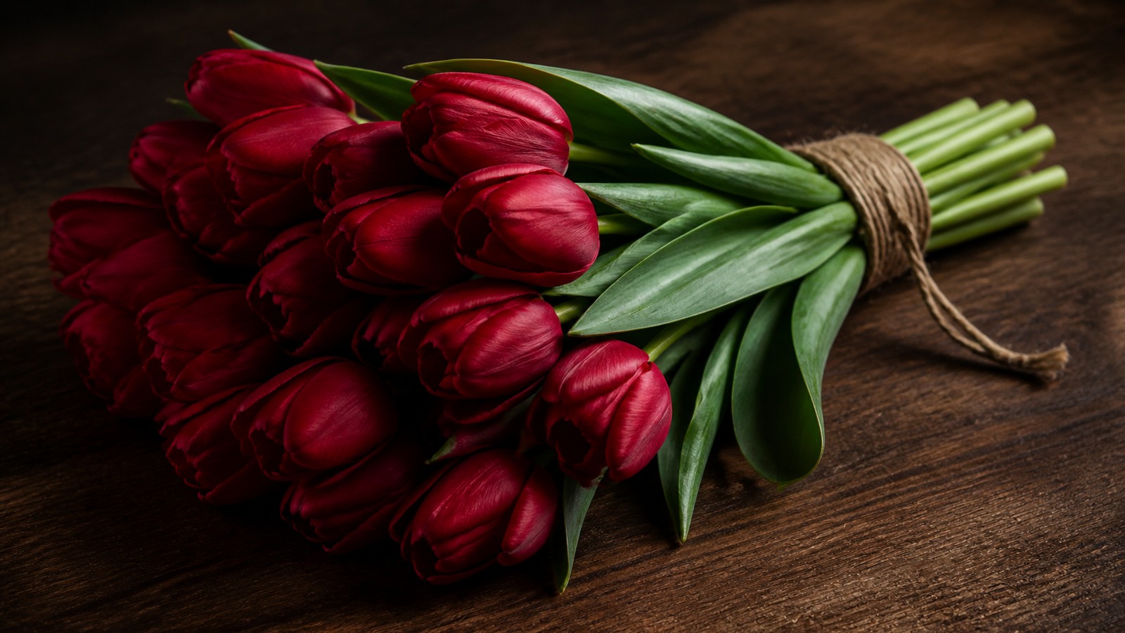 a dense mono-bouquet of scarlet tulips tied with plain twine, resting diagonally on a dark wooden surface, warm side light