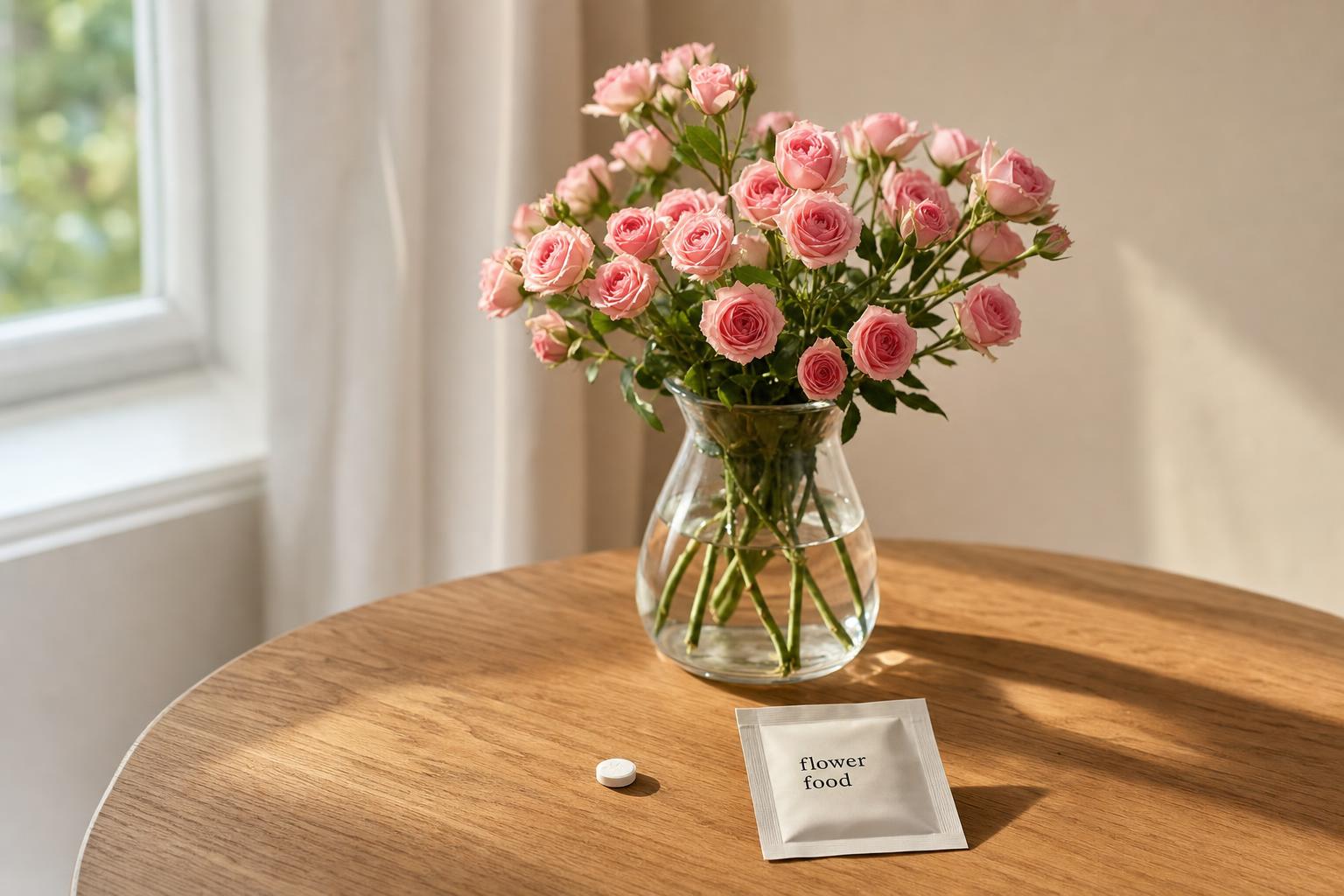 a clear glass vase with pink spray roses on a wooden table, an aspirin tablet and a floral food sachet nearby, soft morning light, cream editorial palette