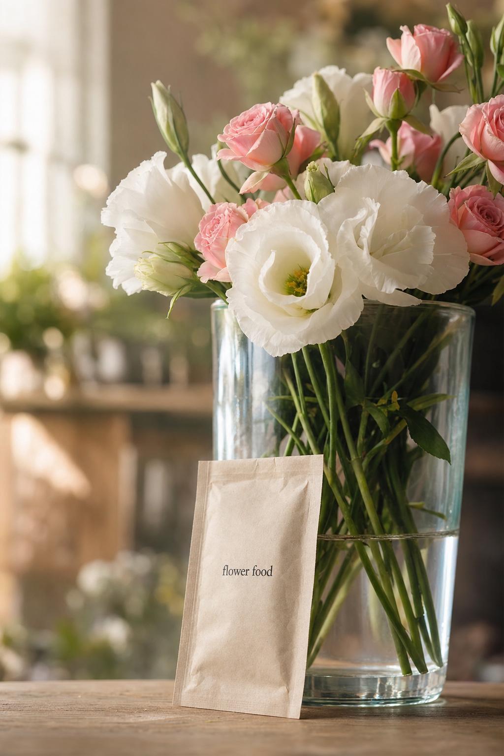 close-up — a floral food sachet next to a clear glass vase with fresh water and a bouquet of lisianthus and spray roses, soft morning light, nude palette
