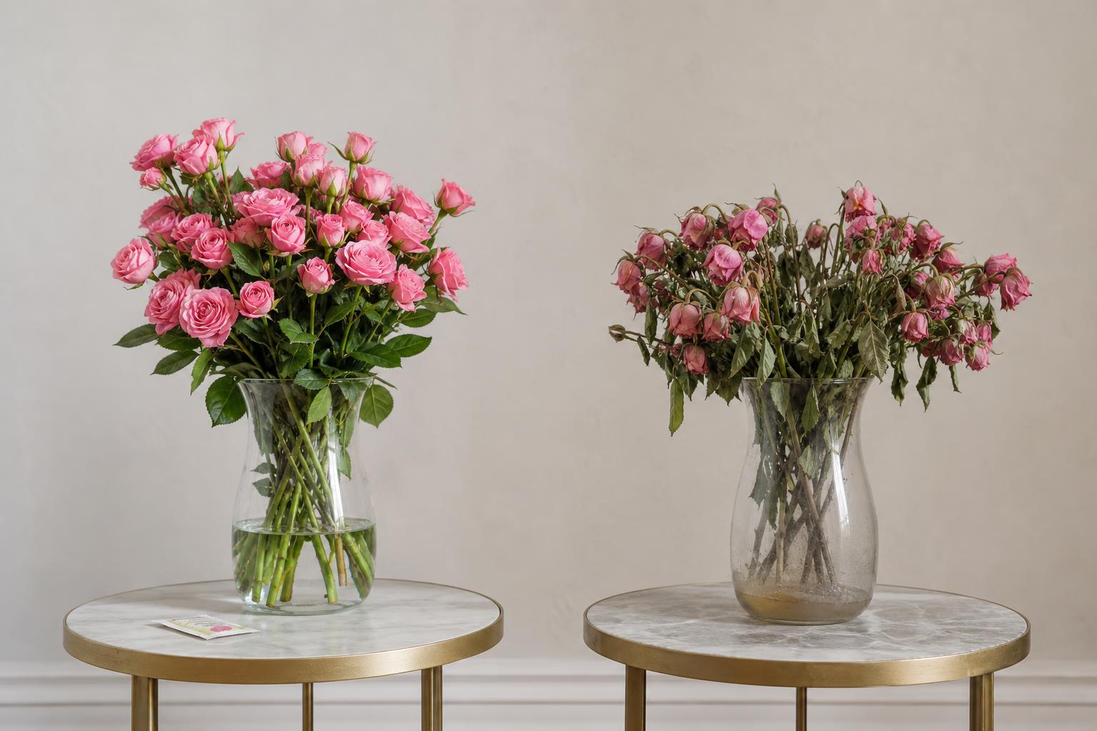 side-by-side comparison — bouquet of pink spray roses after 10 days with flower food versus a wilted bouquet without food on the next side table