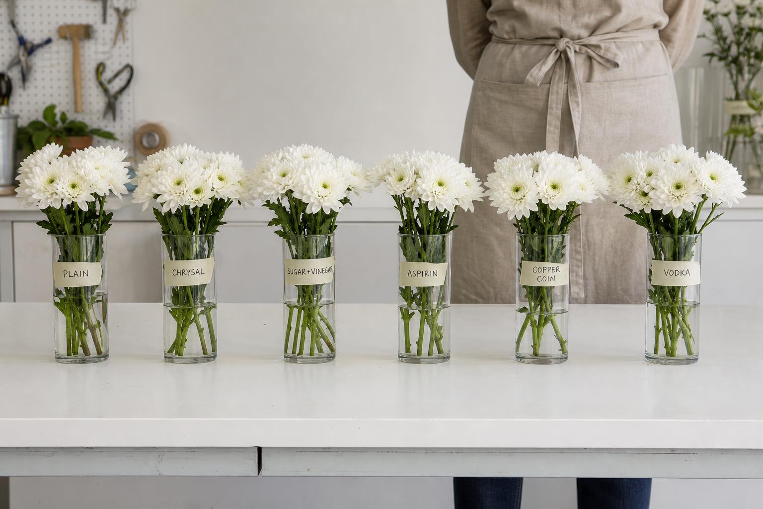 a row of glass vases on a white table, each holding an identical bouquet of white chrysanthemums, each labeled — plain water, Chrysal, sugar + vinegar, aspirin, copper coin, vodka; a florist in an apron by the row