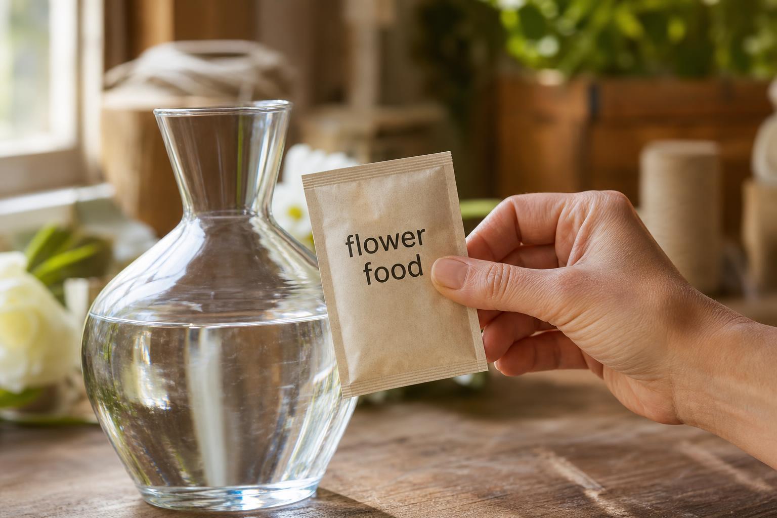 a sachet of professional Chrysal flower food in a florist's hand next to a glass vase of fresh water, close-up product tone