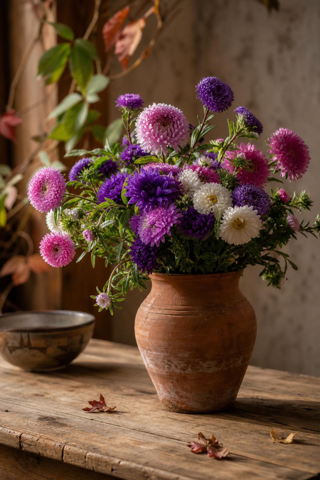 a bouquet of purple and pink asters with green foliage in a rustic ceramic vase, autumn editorial photography