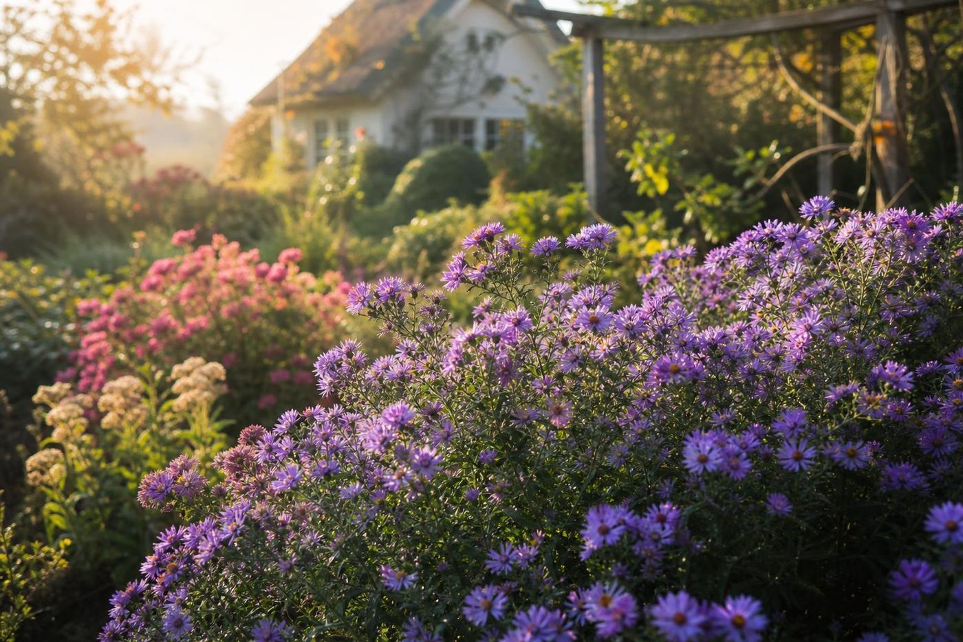 an autumn garden bed of purple and pink asters at their peak, editorial landscape photography