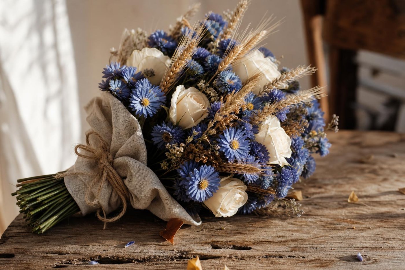 a wedding bouquet of blue asters, cream roses, and dried wheat wrapped in natural linen on a rustic wooden table, autumn wedding editorial