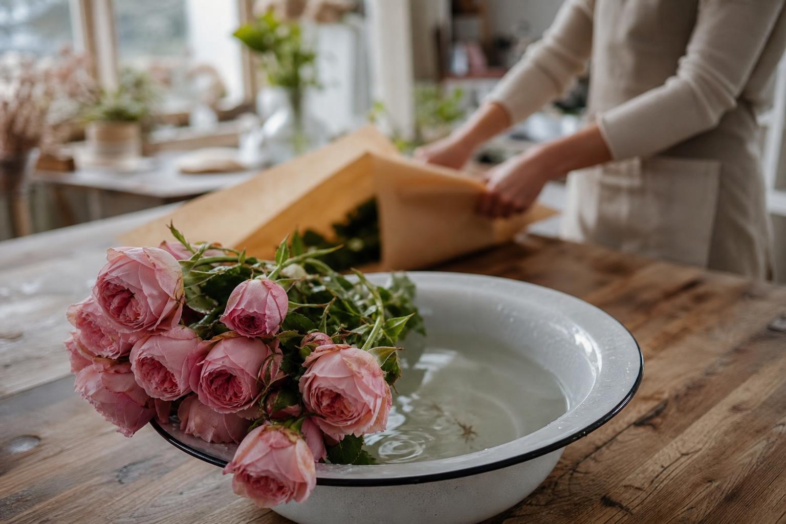 roses with drooping heads sitting in a basin of cold water, a florist in an apron wrapping the bouquet in thick paper on a wooden workshop table, soft daylight
