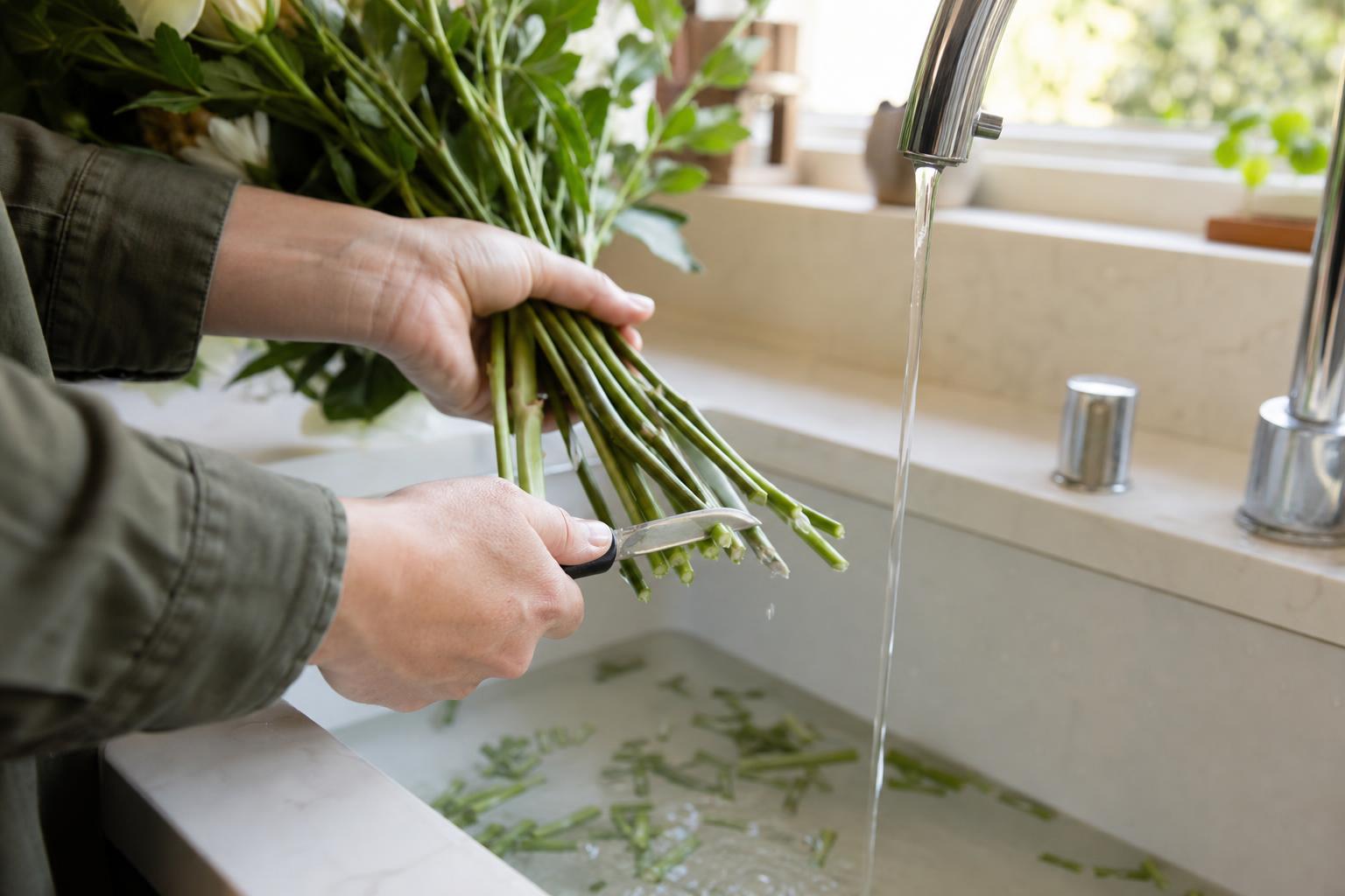 florist's hands with a sharp knife cutting bouquet stems under running water in a sink, stem trimmings nearby, soft daylight from a kitchen window