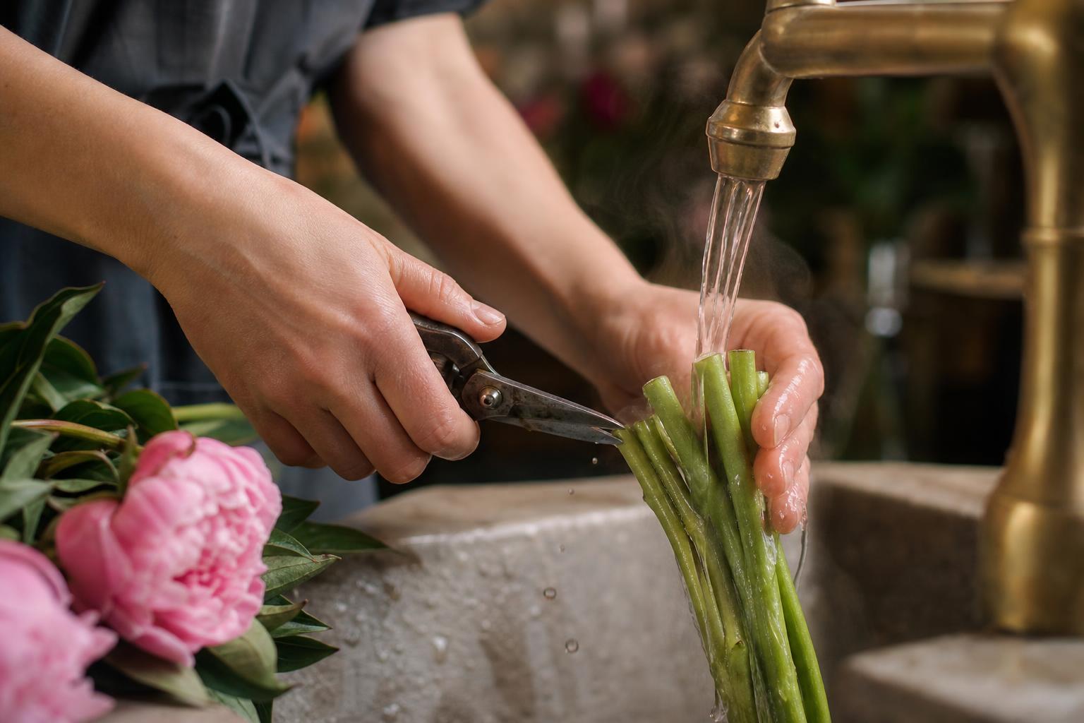 a florist trimming rose stems under a running warm tap for revival, close-up of hands with a knife and stems, how-to tone