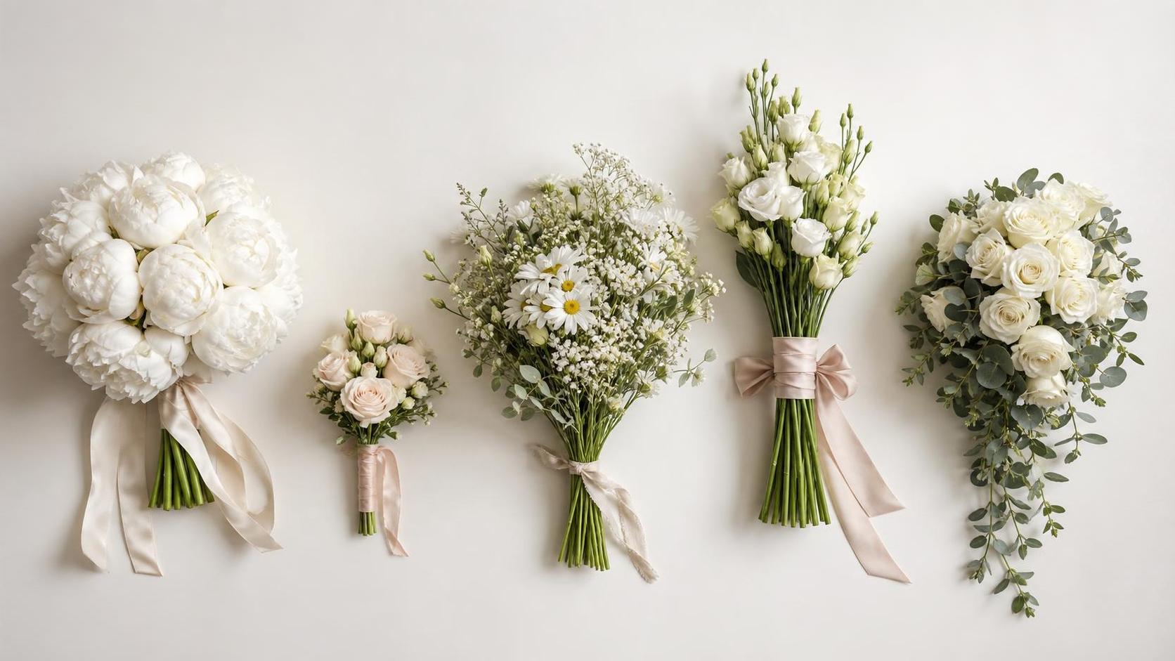 flat-lay of five bridal bouquets in different shapes — round dome of peonies, cascade of white roses, 'brooch' mini-round, asymmetric wildflower with gypsophila, and a pencil bouquet of lisianthus