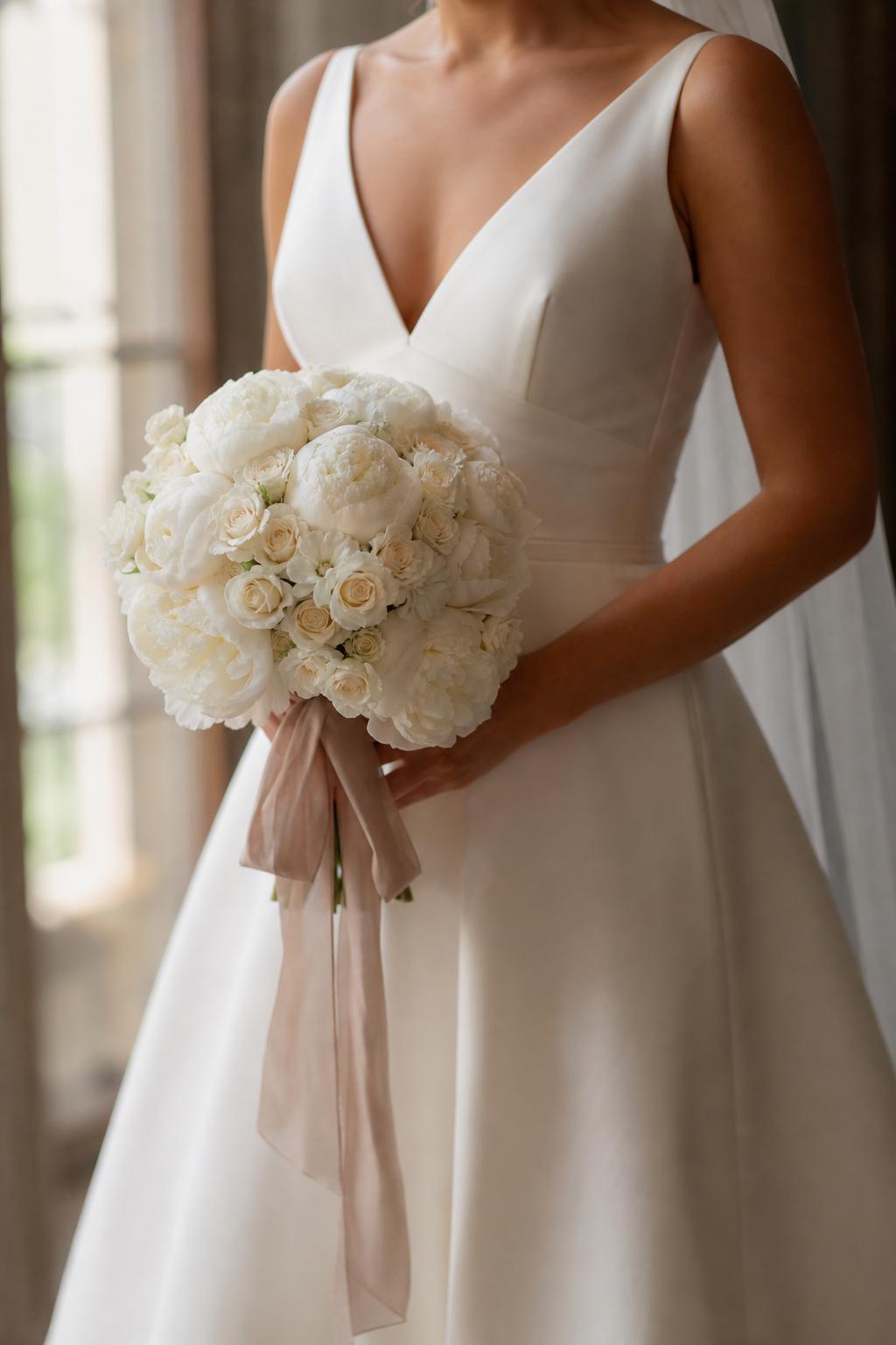 a classic round dome bridal bouquet of white peonies and spray roses (White O'Hara), nude silk ribbon, bride in an A-line dress holding it at the waist, soft window light