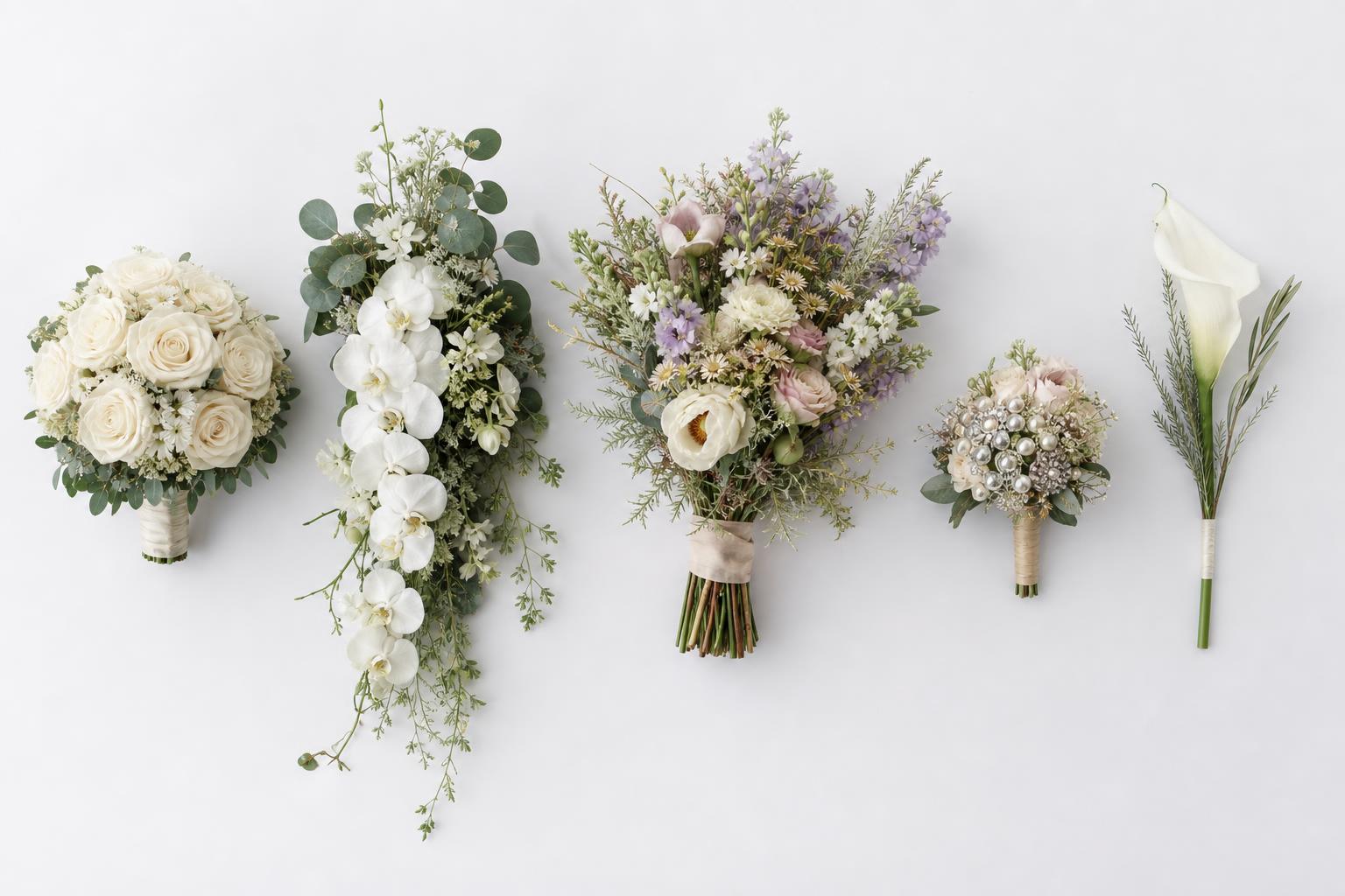overhead flat-lay of five bridal bouquets in different shapes on white background — round dome, cascade, asymmetric wildflower, mini brooch, and pencil bouquet