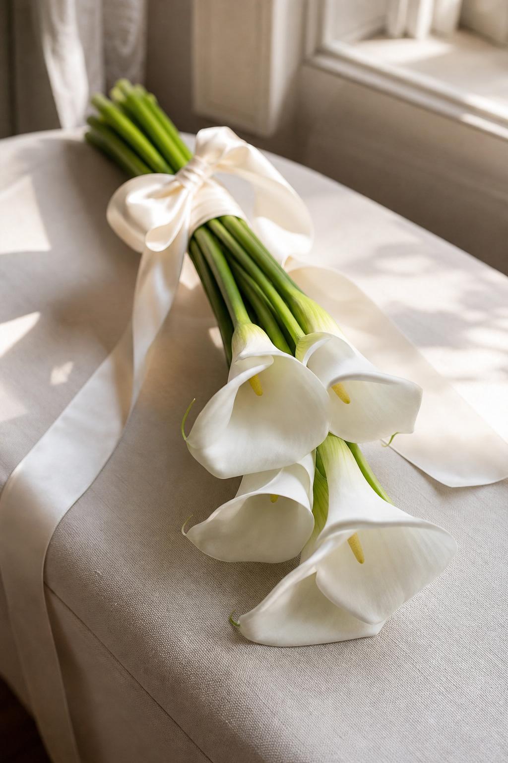 an elegant bridal bouquet of 5 white callas with cream silk ribbon, held over an ivory linen surface, editorial wedding photography
