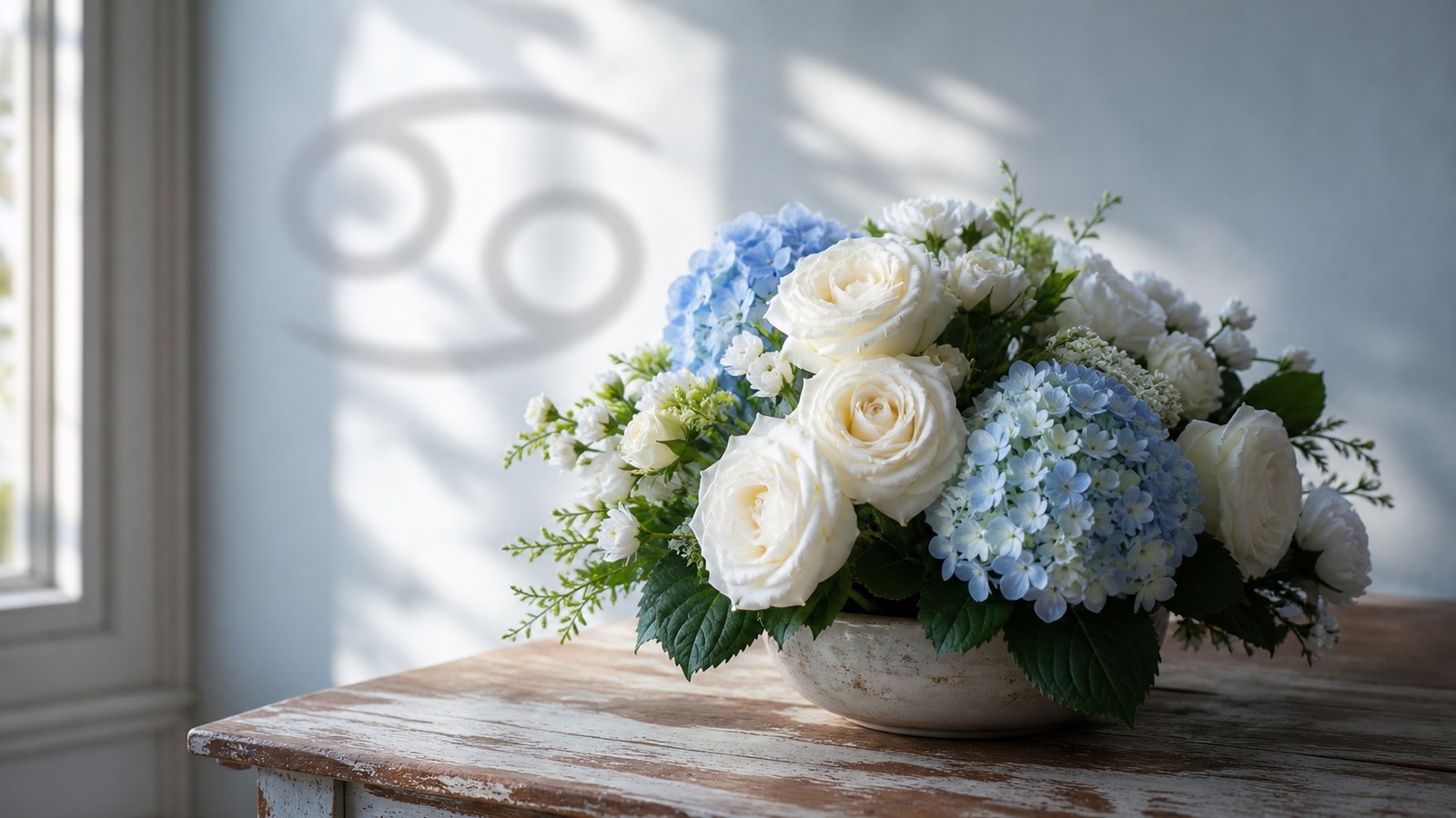 a low round arrangement of white garden roses and pale blue hydrangea on a wooden kitchen table, evening light through a window
