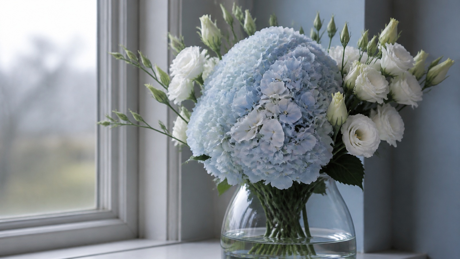 a large pale blue hydrangea head with white lisianthus in a heavy clear glass vase on a windowsill, soft grey daylight