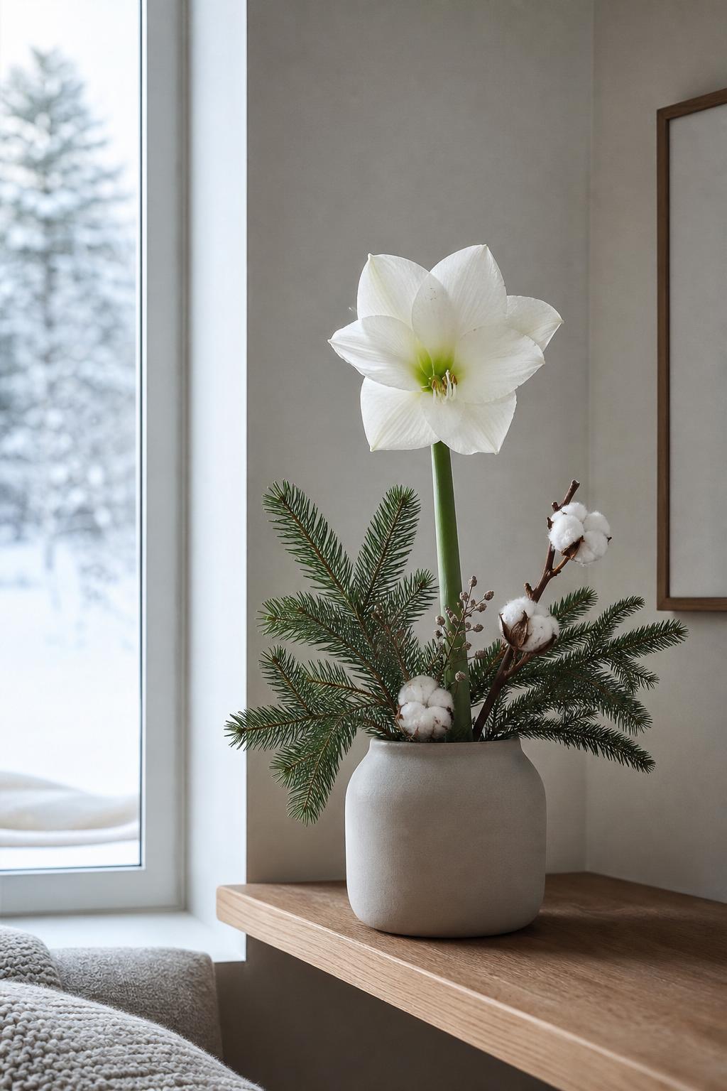 single tall white amaryllis Christmas Gift in a matte ceramic vase with fir branches and cotton stems, soft winter daylight from a window