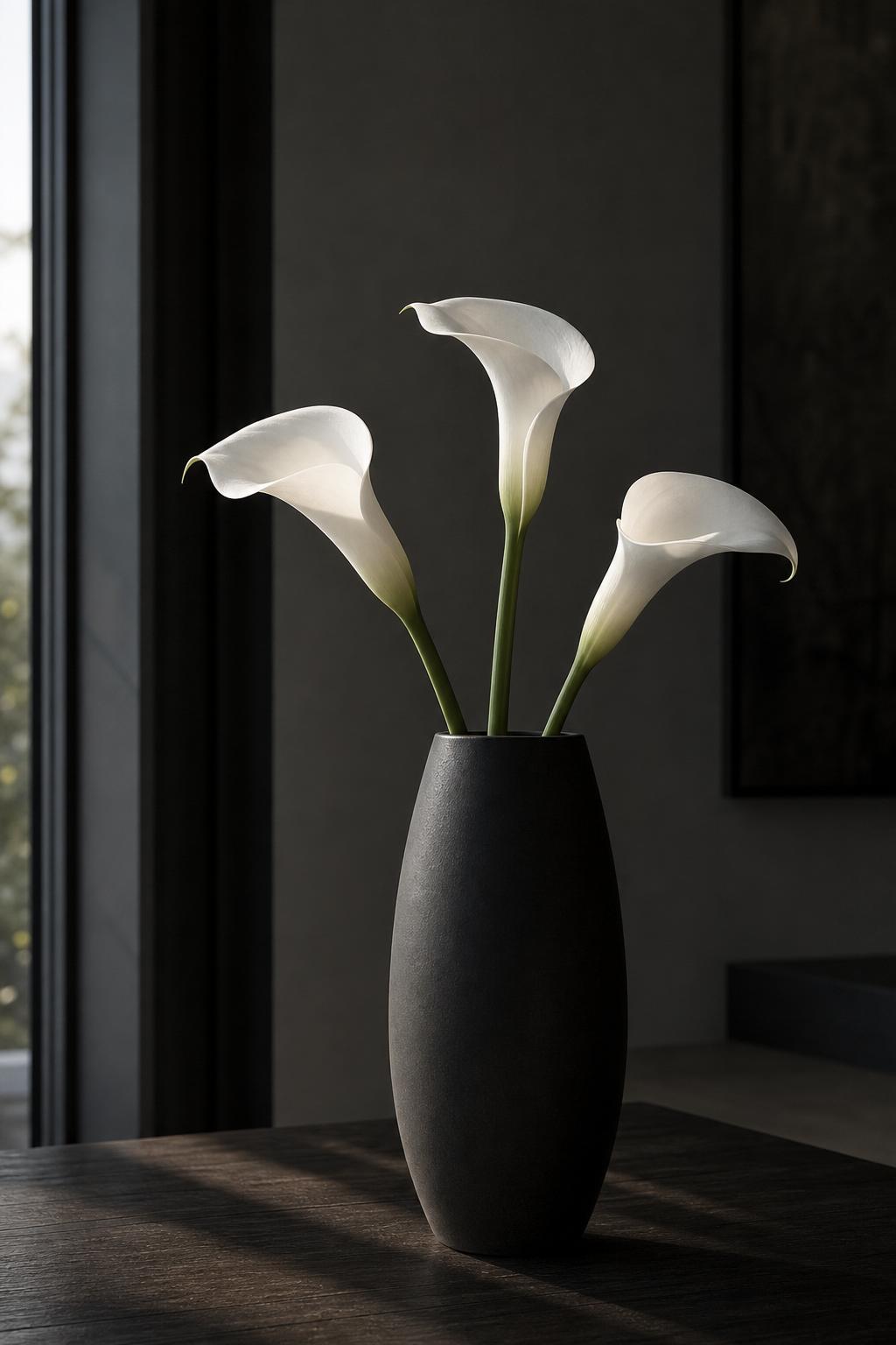 three pure white calla lilies in a tall matte black ceramic vase on a dark wooden table, minimalist architectural composition, soft afternoon daylight