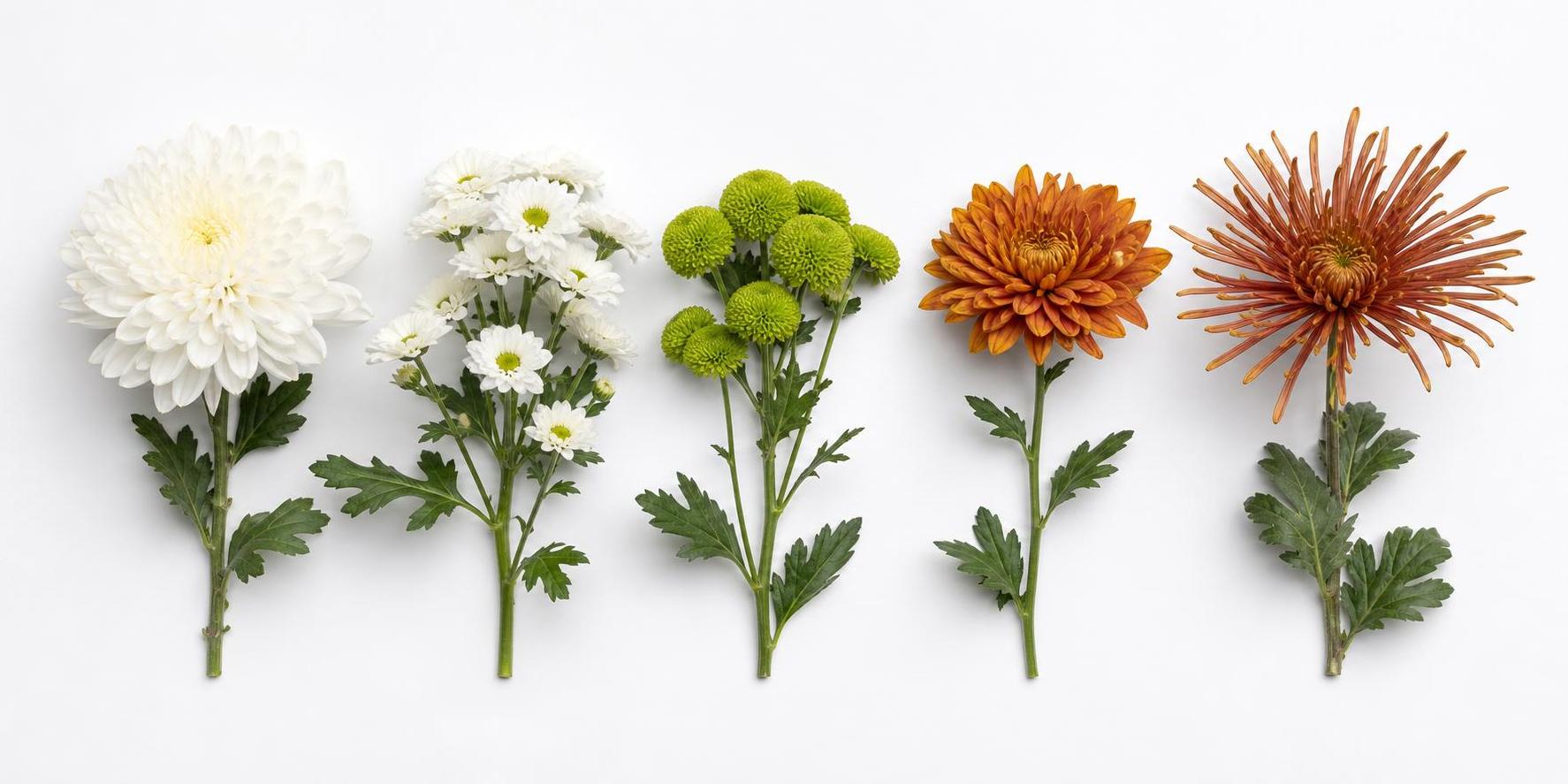 overhead flat-lay of five chrysanthemum types side by side on a white background — large-headed white Anastasia, spray Stallion, santini Green Lizard, ball dahlia-type, spider form