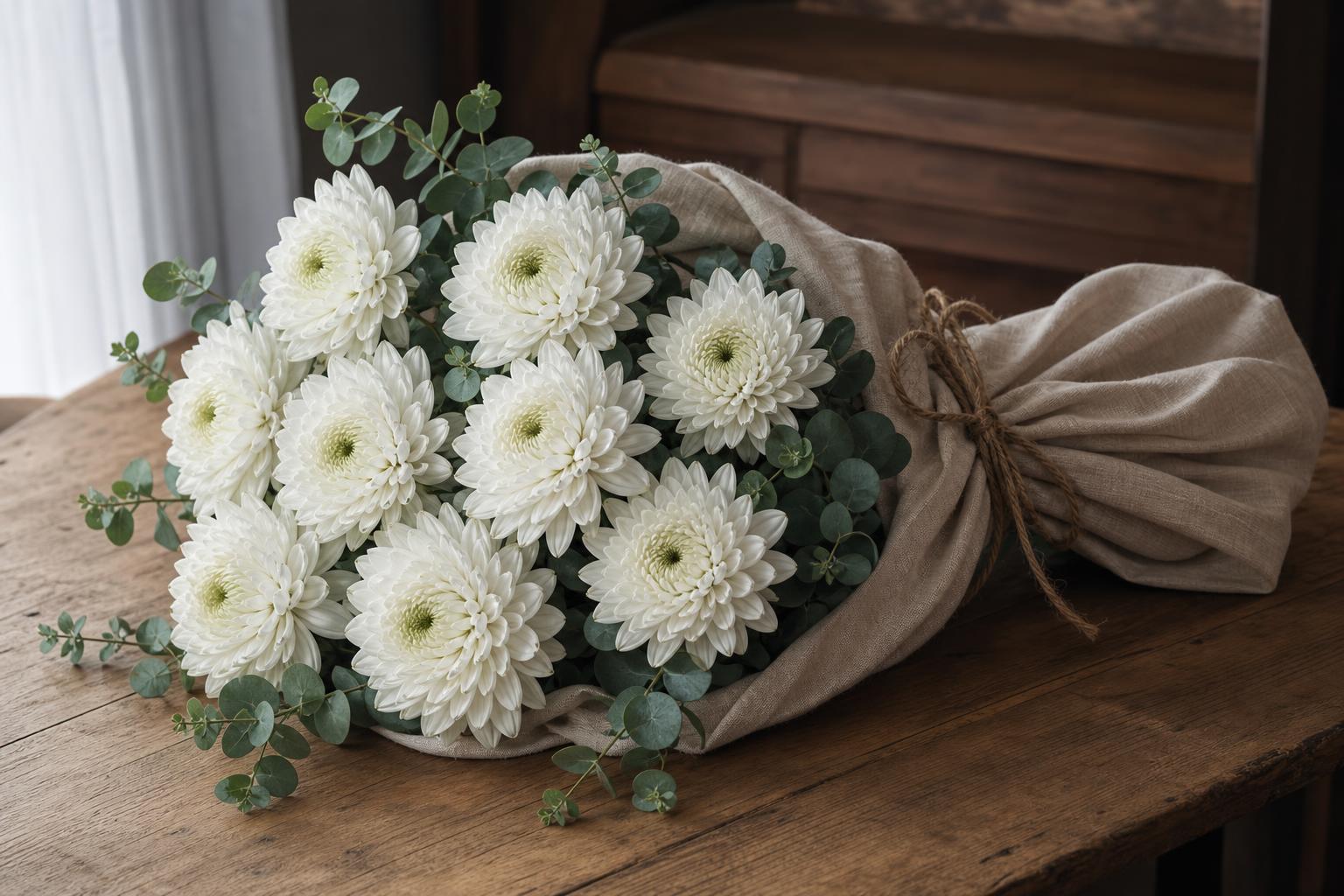a bouquet of 9 white Anastasia chrysanthemums with silver eucalyptus in linen wrap on a wooden table