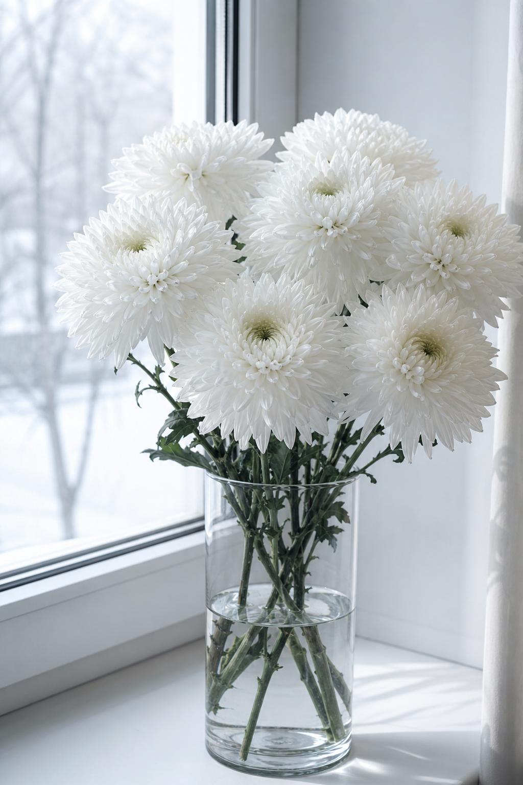 a mono-bouquet of 7 large white Anastasia chrysanthemums in a clear glass vase on a windowsill, cold winter light