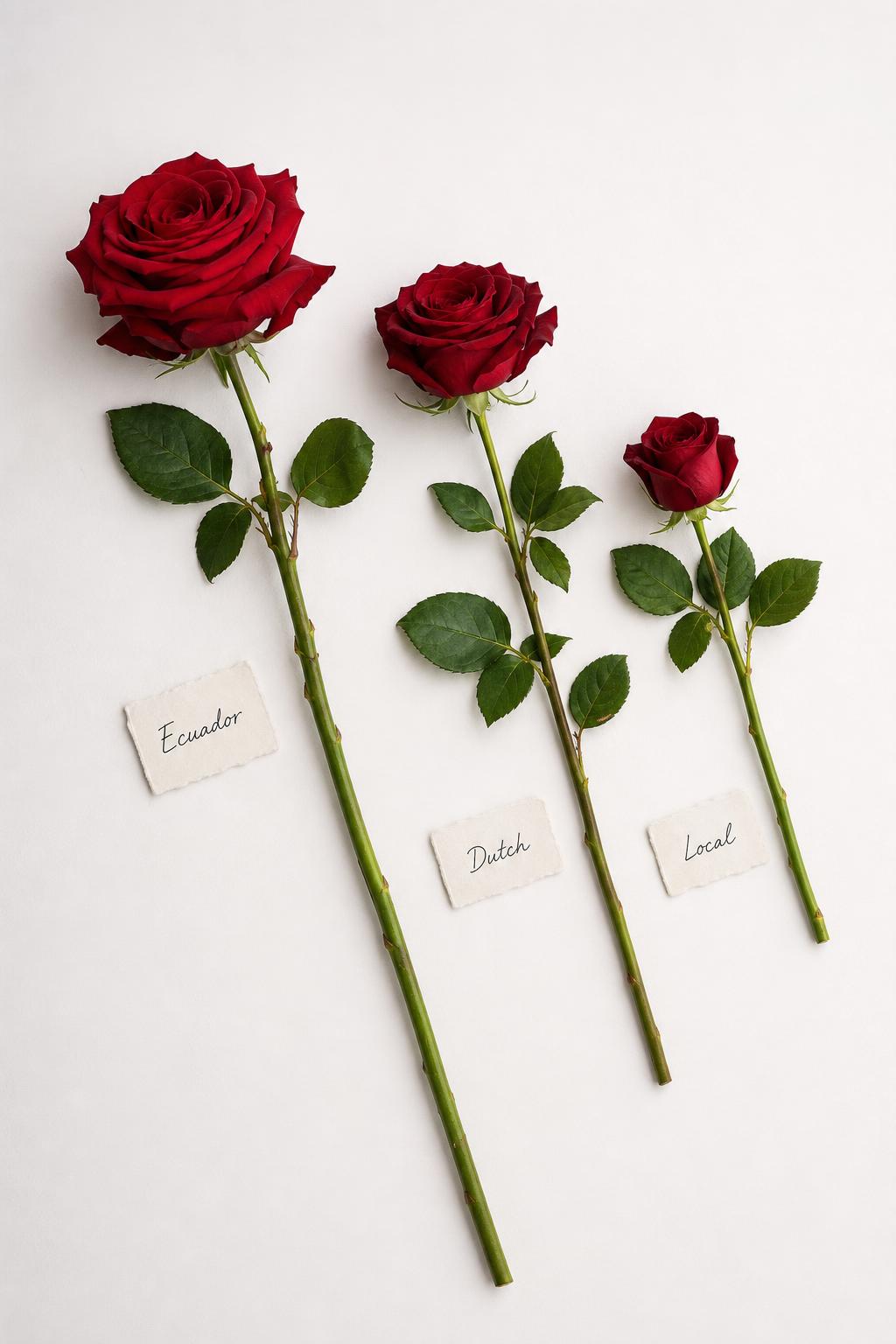 hero — three roses of the same red color side by side on a matte white surface, labeled by origin — Ecuador (large head, long stem), Netherlands (medium), local greenhouse (compact), macro editorial