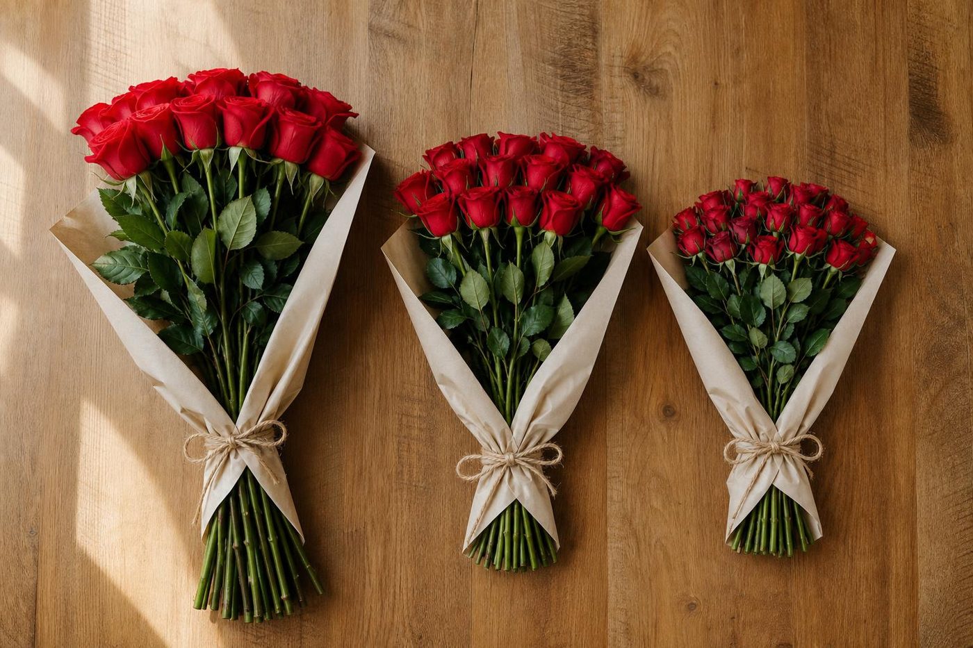 comparison flat-lay of the same red rose variety from three origins side by side, showing the difference in bud size and stem length, botanical editorial
