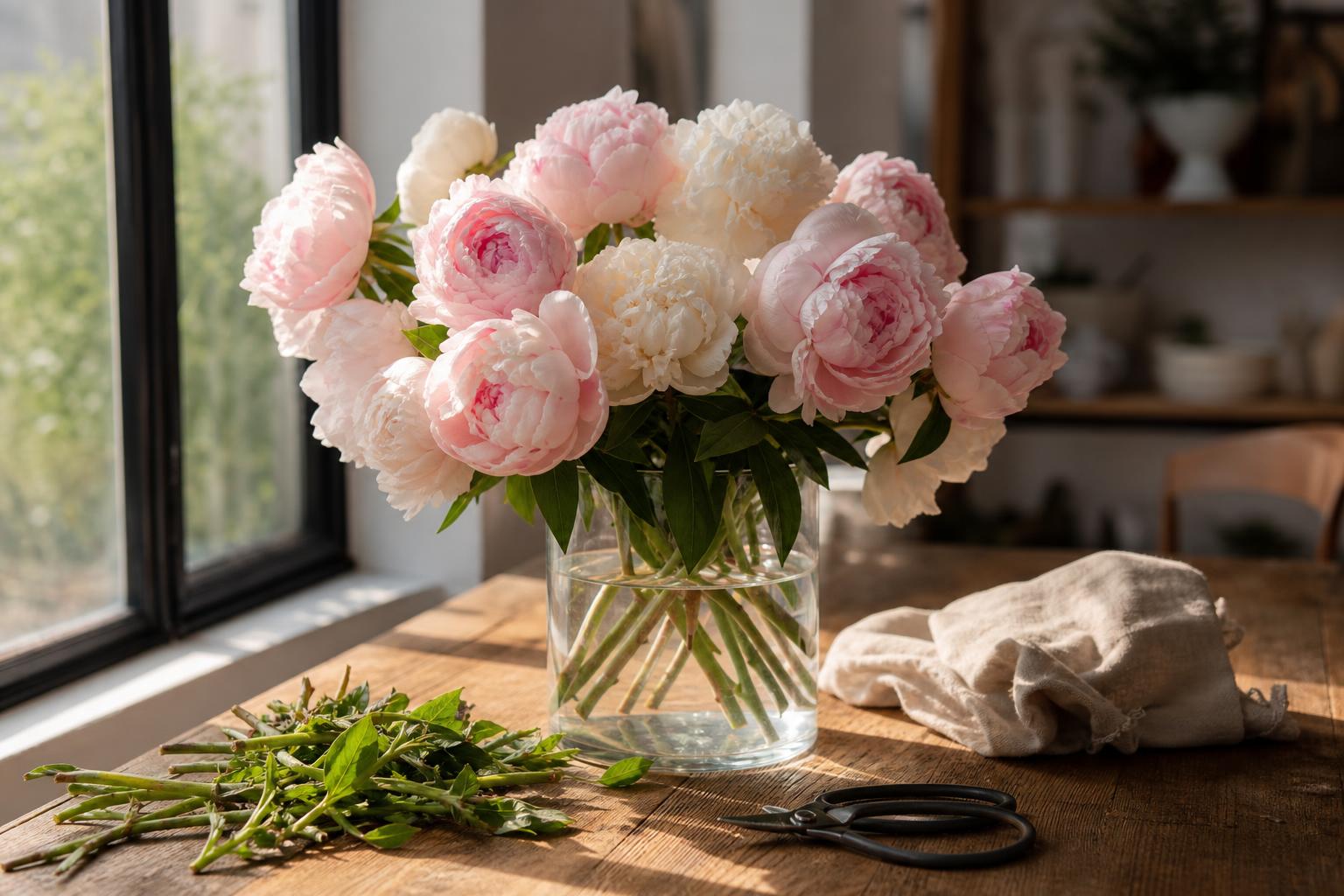 a generous bouquet of pink and cream peonies in a glass vase on a wooden table by a window, scissors and stem trimmings nearby, soft morning light, editorial reportage