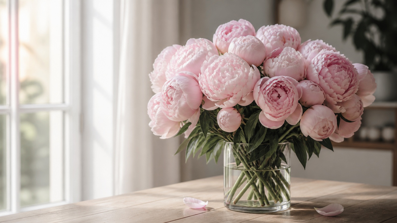 bouquet of soft pink peonies in a glass vase on a wooden table by a window, morning light, half-open petals, muted romantic palette