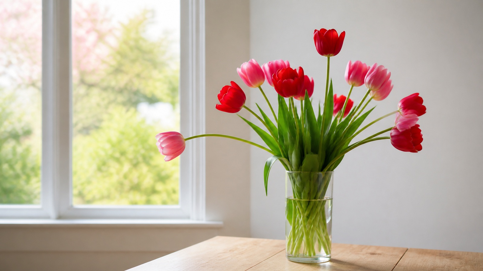 bouquet of red and pink tulips at varying heights in a glass vase by a window, morning spring light, simple composition