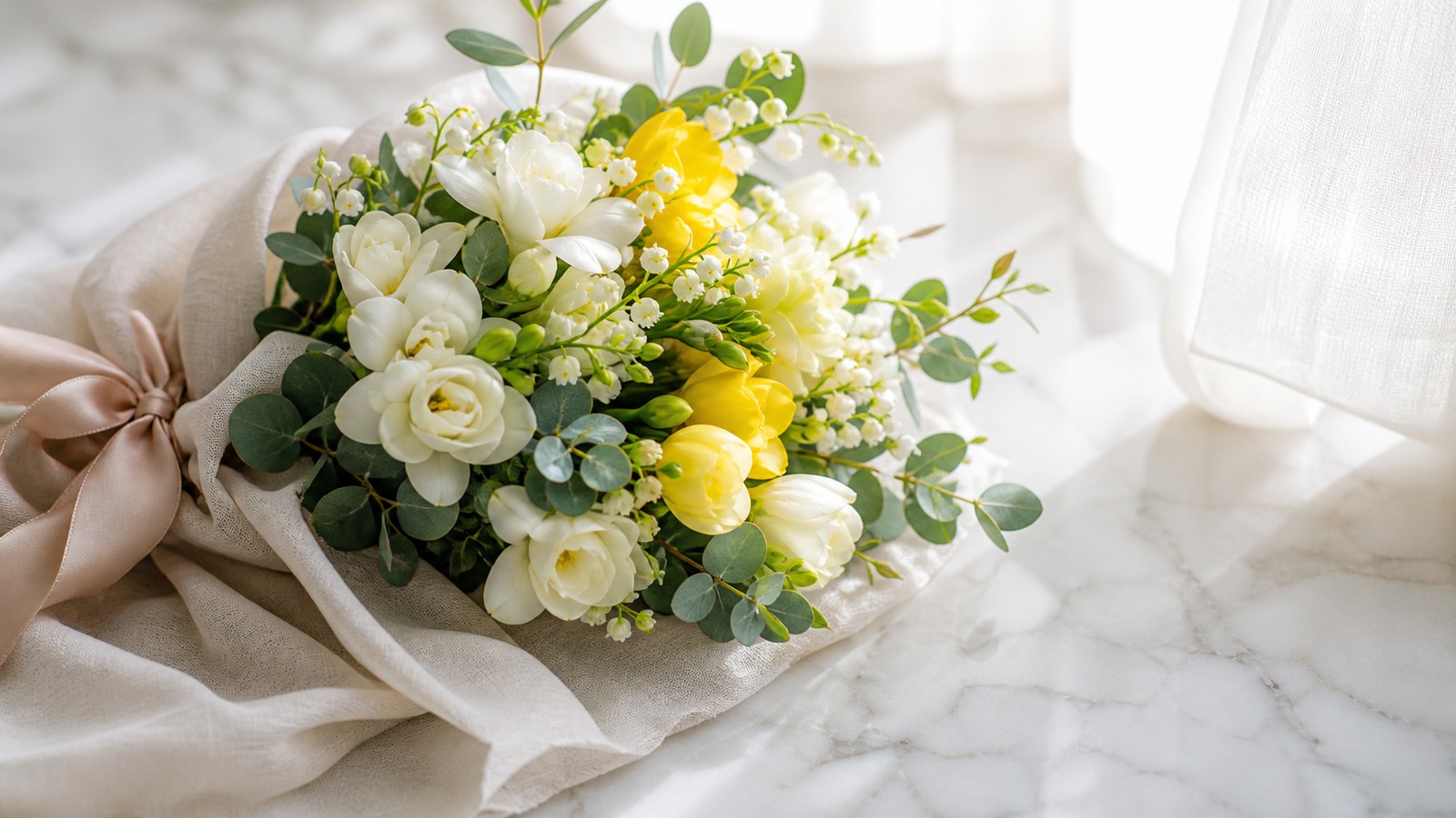 a mixed bouquet of white and yellow freesias with lily of the valley in a linen wrap, wedding editorial photography