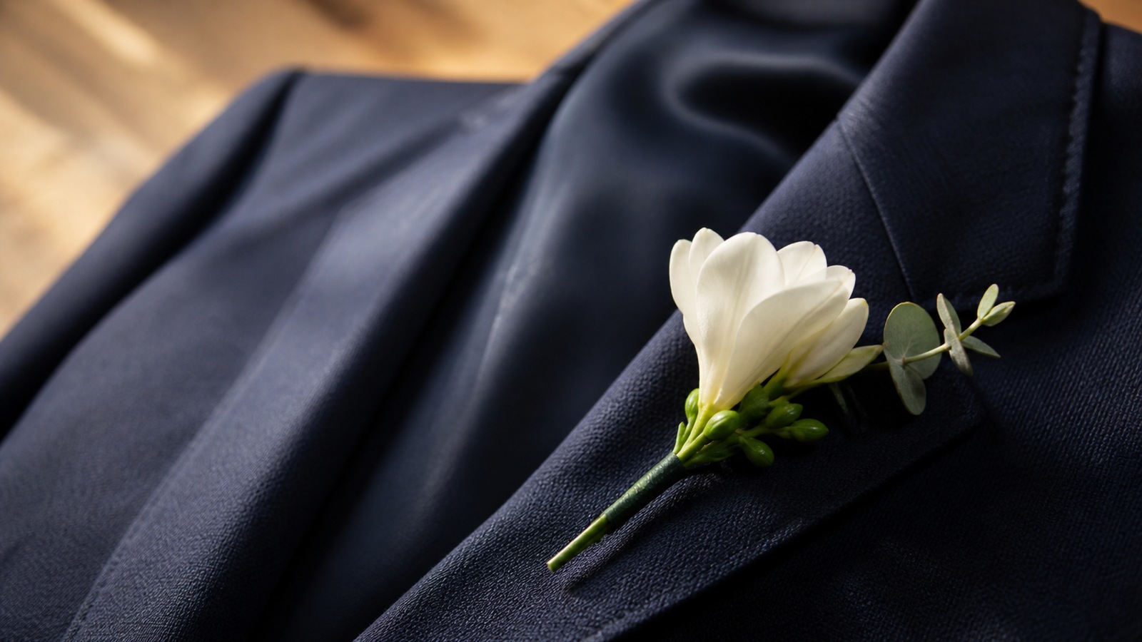 a white freesia and eucalyptus boutonniere pinned to a dark navy jacket laid flat