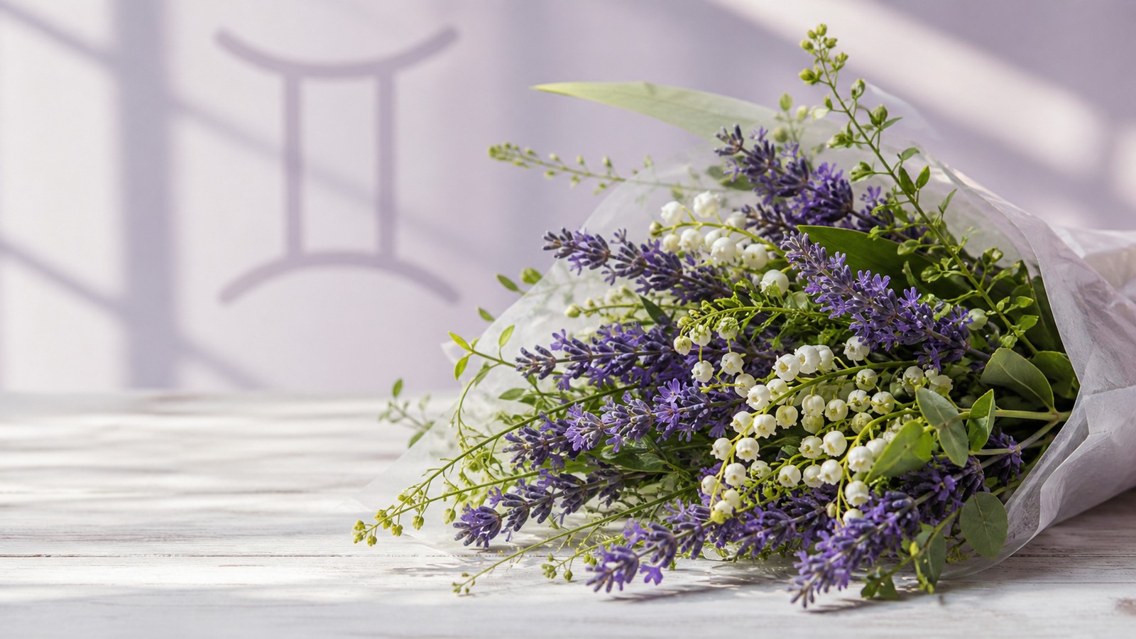 a loose mixed bouquet of lemon and white ranunculus, blue campanula and sweet peas in translucent paper on a pale table, bright diffused light