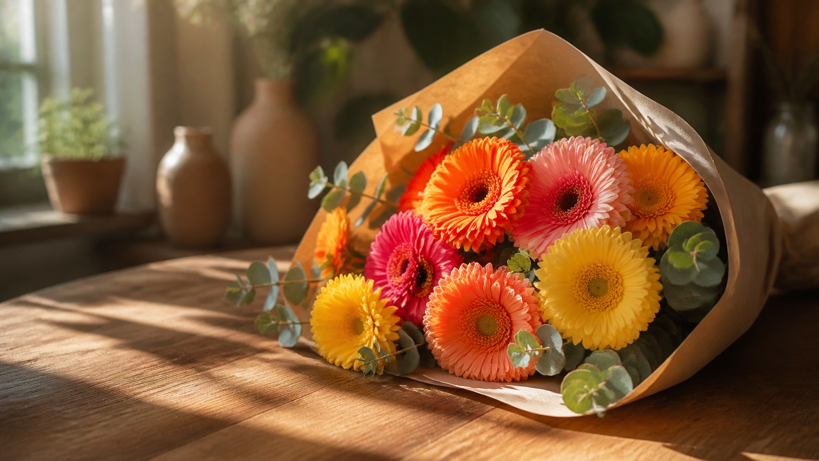 a mixed bouquet of orange, pink, and yellow gerberas with eucalyptus wrapped in kraft paper on a wooden table