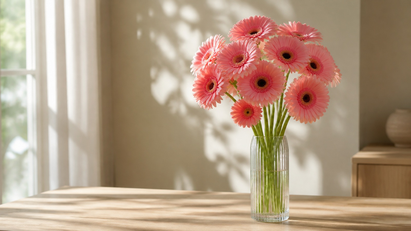 a mono-bouquet of 11 pink Pasadena gerberas in a tall glass vase on a light table, editorial photography