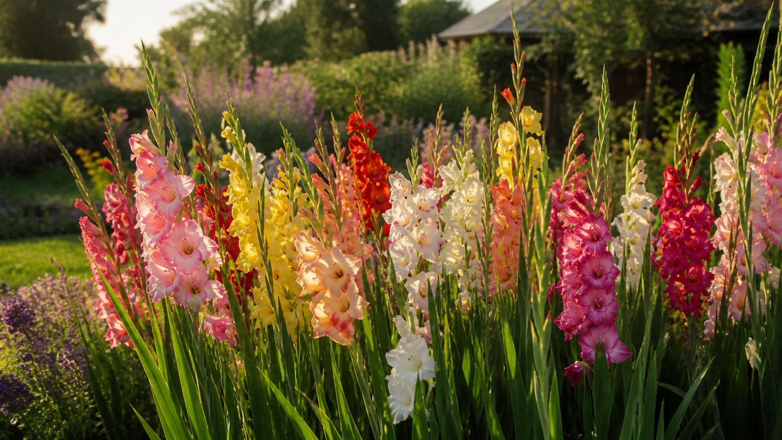 a garden bed of colorful gladioli in bloom — pink, red, white, yellow spikes rising to 150 cm, editorial garden landscape