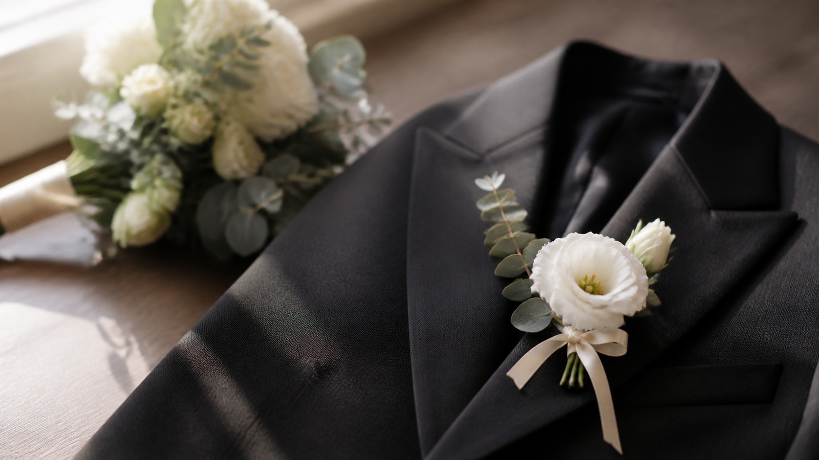a white lisianthus and eucalyptus boutonniere pinned to a black wool jacket laid flat beside a matching bridal bouquet