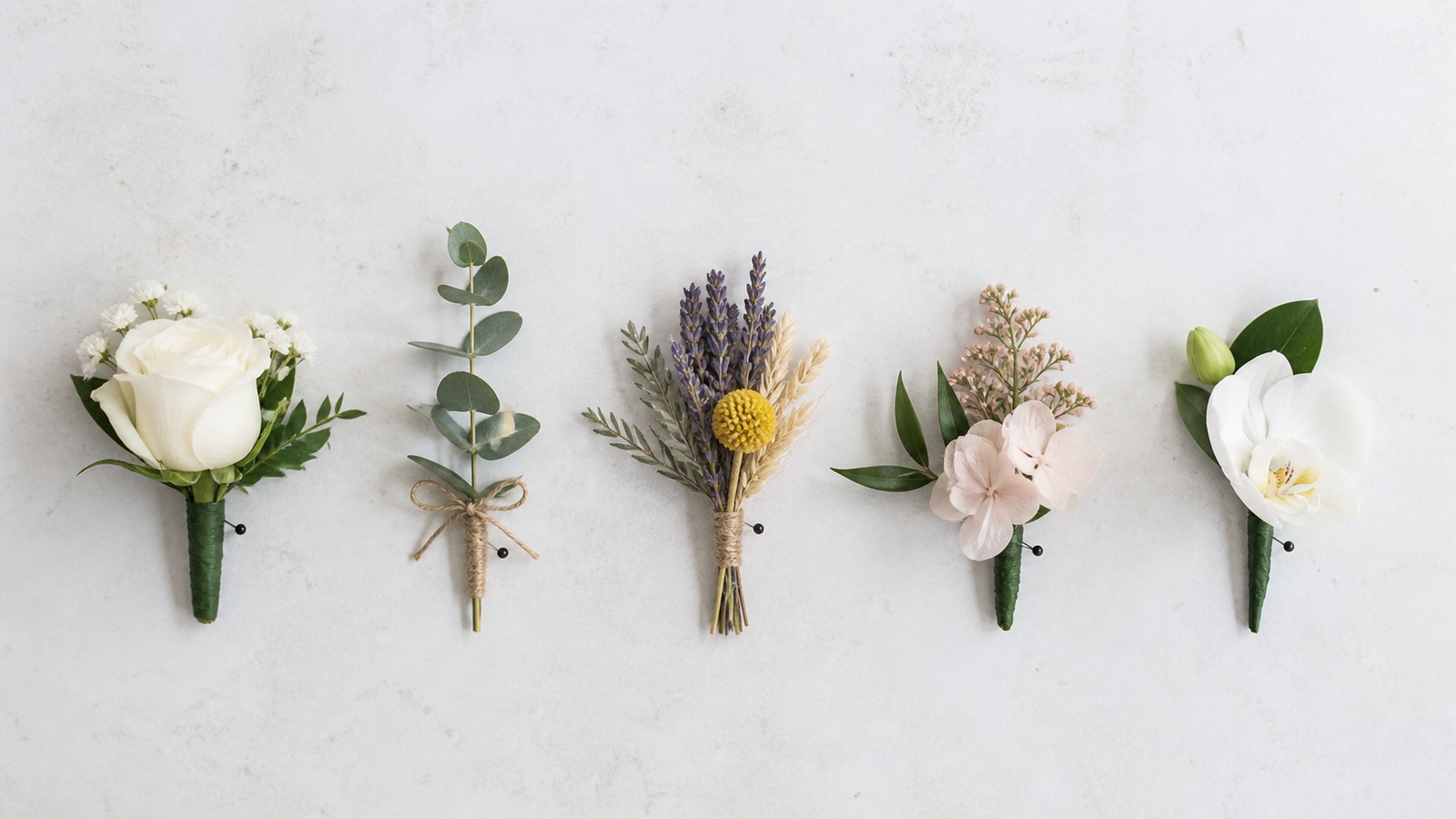 several wedding boutonnieres in different styles on a white florist's workshop table — classic with a white rose, minimalist with a single eucalyptus sprig, boho with dried and lavender, colored variations