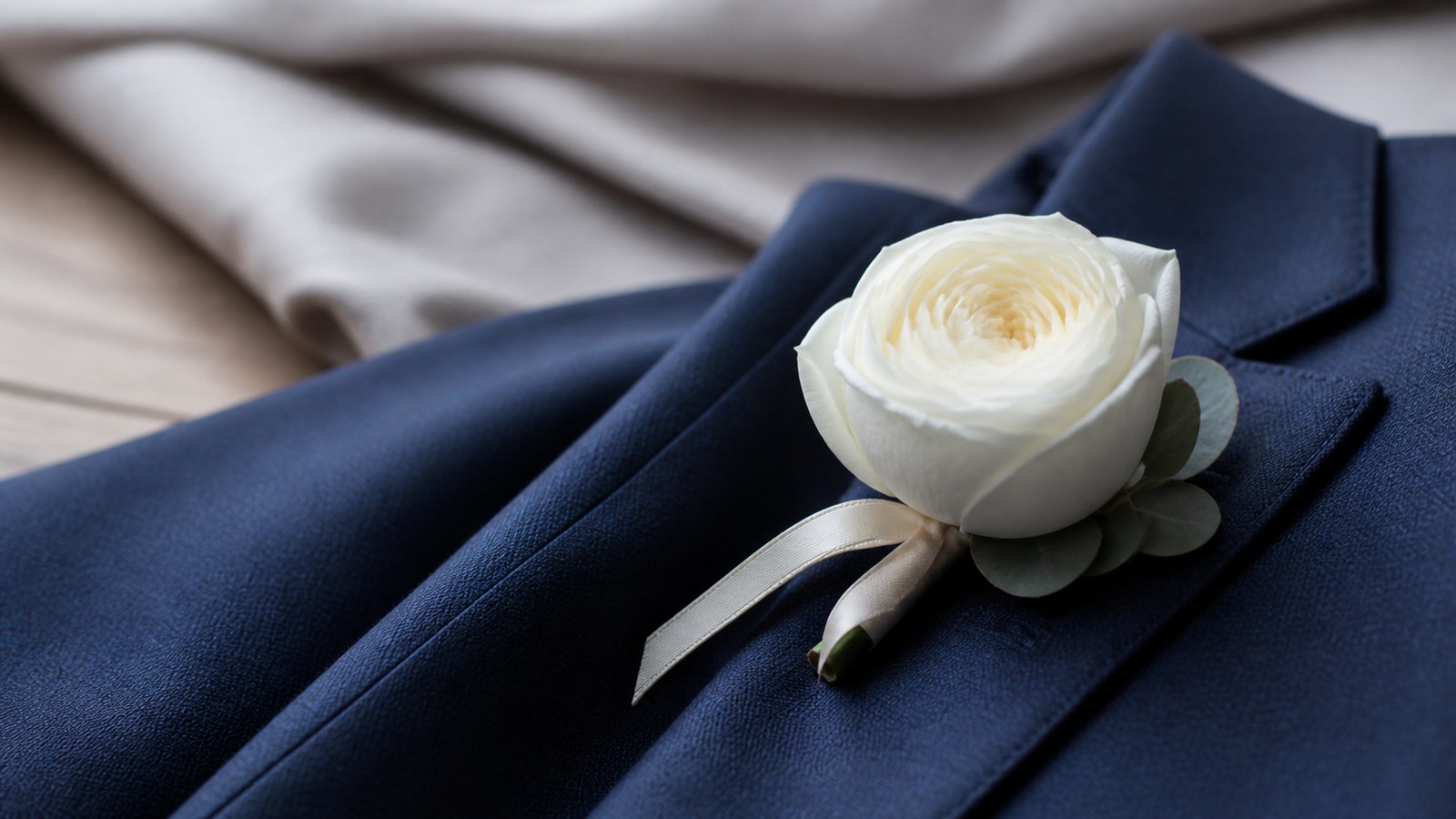 a white garden rose and eucalyptus boutonniere pinned to a navy wool jacket laid flat